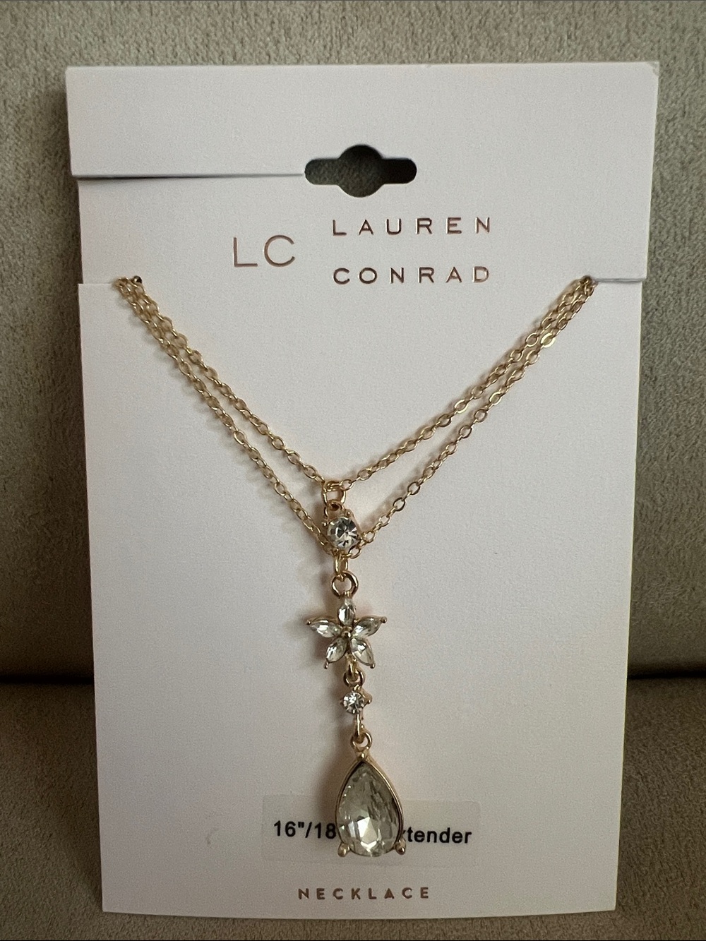 NWT LC Lauren Conrad Gold-Tone Double Layer Necklace with Clear Teardrop Pendant
